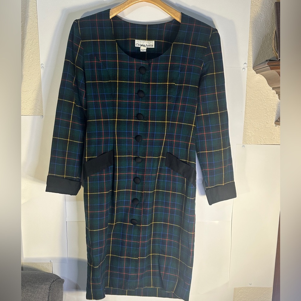 Blue and Black Midi Sheath Dress with Cuffed 3/4 Sleeves